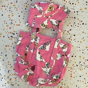 Vintage pink patchwork quilt tote bag and bucket hat set flowers floral white